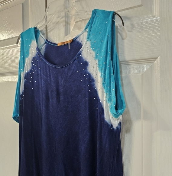 Belldini Open Sleeved Aqua, Navy Blue & White short sleeved shirt w Bling Large - Picture 6 of 9